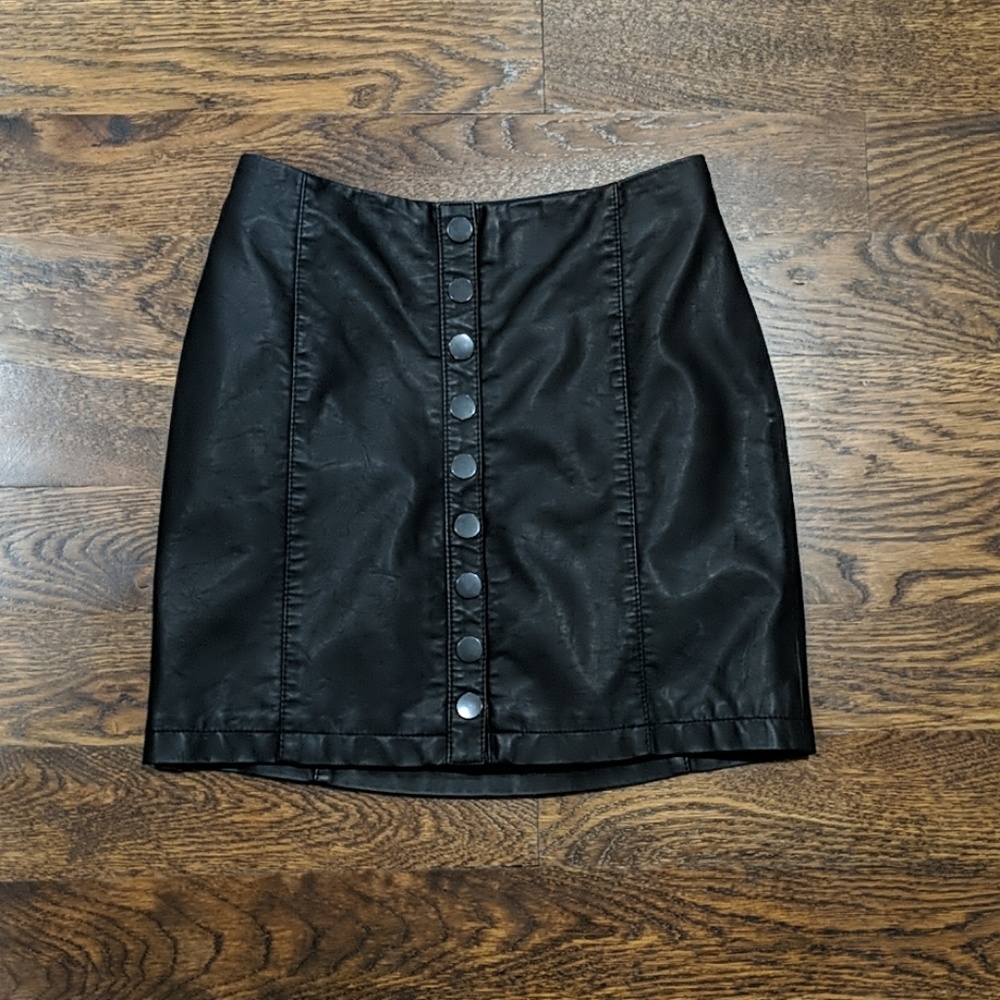Free People Black Leather Button Up Mini Skirt 0
